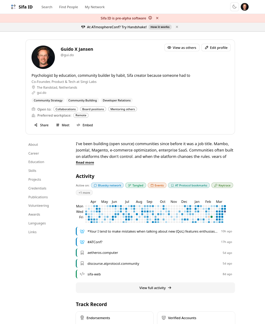 Sifa ID profile showing career summary, skills, activity heatmap across Bluesky and AT Protocol communities, and track record with endorsements and verified accounts